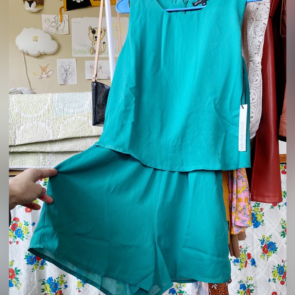 NWT Gibson X Living in Yellow Dahlia tank overlay romper in green - Picture 8 of 12